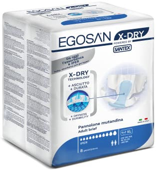 Egosan Lot de 8 couches jetables pour incontinence pour adulte - Protection X-Dry 8 heures pour une absorption maximale avec languettes réglables - Pour homme et femme (taille XL)