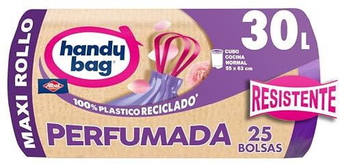 Handy Bag Bolsas de basura perfumadas - Bolsas para cubo de basura de cocina, resistentes y antigoteo, con cinta autocierre y triple capa, 100% plástico reciclado, 30L, Maxi Rollo, 25 unidades