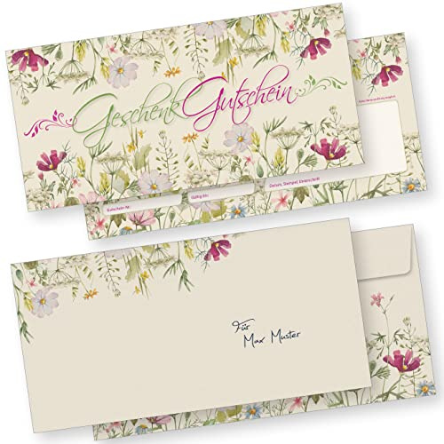 tatmotive Wildblumen Gutscheinkarten 100 Sets für Gewerbe | Rückseite zum Beschriften und Stempeln, Geschenkgutscheine für Floristik, Wellness und Gastro, inklusive Briefumschläge