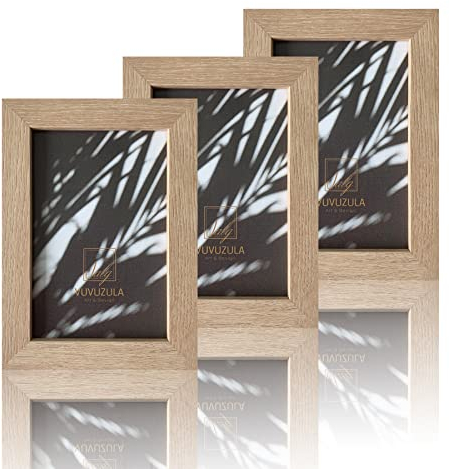 VUVUZULA Lot de 3 cadres photo en bois beige naturel 10 x 15 cm - Verre acrylique résistant aux chocs - Orientation horizontale/verticale, support de table/mural