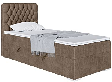 MEBLINI Boxspringbett mit Bettkasten - Gepolstert Einzelbett mit Matratze und Topper - Polsterbett mit Stauraum - Bett mit Kopfteil - Stauraumbett - Dalia - 90x200 Rechts - H3/Braun Samt