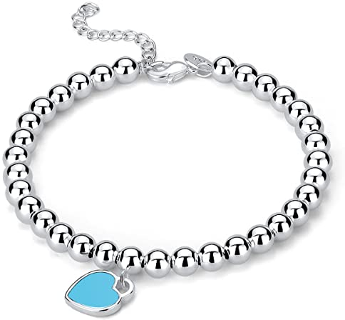 YUTTTPL Damen Herz Armband Halskette Schmuck Set, S925 Sterling Silber Armband Herz Silber Kugeln Armband Freundschaft Schmuck Geschenk für Mädchen Frau Mutter (A-Red) (E)