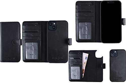 HANS/SON Echt-Leder-Handyhülle für iPhone 14 – Schmale 2 in 1 Klapphülle mit Kreditkartenetui, Magsafe kompatibel, perfekte Passform, stoßfest, Standfunktion, 6,1 Zoll – Schwarz