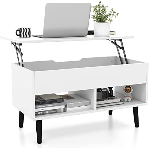 GIANTEX Couchtisch mit höhenverstellbarer Platte Kaffeetisch Sofatisch Aufbewahrungskorb & 2 offenen Regalen ausziehbarer Wohnzimmertisch Beistelltisch mit Federheber Teetisch modern (Weiß)