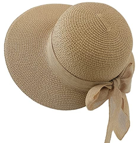 Women's Wide Brim Straw Panama Hat - Classic Sun Hat with Cotton-Ramie Bow for Church, Derby, Jazz, Wedding & Talent Show Light Brown