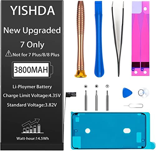 Akku für iPhone 7, YISHDA 3800mAh hohe Kapazität Ersatz kompatibel mit iPhone 7 Akku A1660 A1778 A1779 mit professionellen Reparatur-Tool-Kit und Installationsanleitung.…