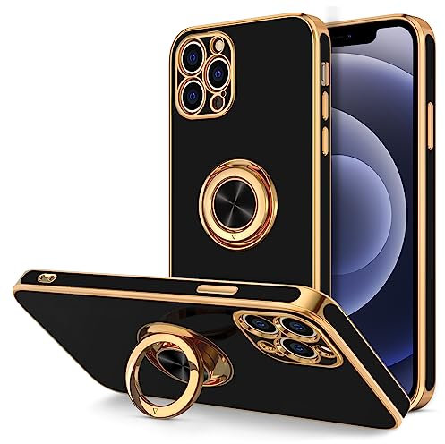 Hython Case for iPhone 12 Pro Case with Ring Stand, 360° Rotatable Ring Holder Magnetic Kickstand, Plating Rose Gold Soft TPU Bumper Camera Protection Shockproof Protective Phone Cases Cover, Black