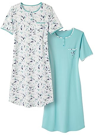 Damart - Lot De 2 Chemises De Nuit Jersey Pur Coton Peigné Femme Lot Bleu Feuillage Taille S