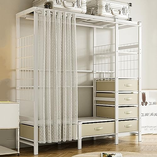 Kleiderständer, Kleiderschrank mit Vorhang Zum Aufhängen von Kleidung, Großes Schranksystem, Organizer, Begehbarer Kleiderschrank für Schlafzimmer, 4 Offene Regale und 6 Schubladen, Weiß ( Size : 130x