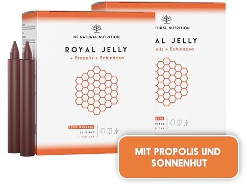 Gelée Royale Pur mit Propolis + Vitamin C + Echinacea. 60 Tage. 2000 MG. Reduziert Müdigkeit und andere Symptome, erhöht Energie, Vitalität und stärkt den Stoffwechsel. CE. N2 Natural Nutrition
