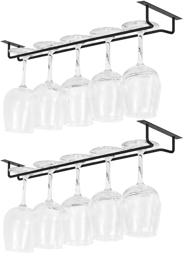 17 Inch Wine Glass Holder Under Cabinet, Long Single Rail Wine Glass Rack Metal Wine Glass Storage Holder with Screws Wine Glass Hanger for RV Cabinet Kitchen Bar (Black, 2Pack)
