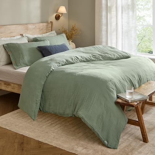 furn. Yard Lark Bettbezug Set – Weich Atmungsaktiv Doppellagig Musselin Baumwolle Minimalistisch Bettwäsche (Eukalyptus – King UK Standard – 230x220cm)