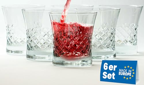 Whiskygläser Wassergläser Saftgläser Trinkgläser | Set von 6 | 220ml | Handgefertig | Klarglas mit Dekoration