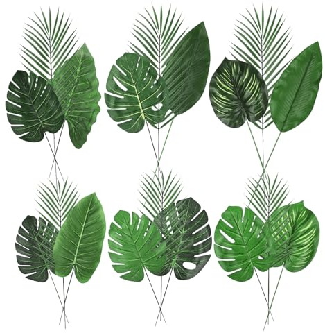 Worown 18 Pieces Artificial Tropical Leaves Set, Plant Safari Leaves, Decorative Faux Tropical Leaf with Stem for Hawaiian Jungle, Birthday Barbecue Party, Beach Theme Decoration
