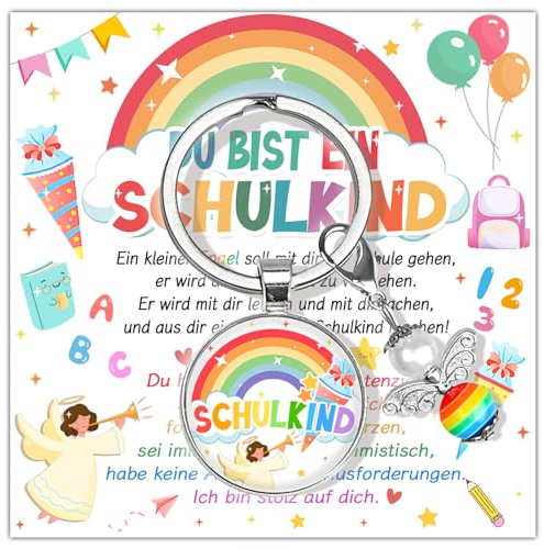BOYATONG Schutzengel Schulanfang Schlüsselanhänger, Schulkind 2024 Glücksbringer Schulanfang Geschenke mit Grußkarte Geschenkbox, Schultüte Füllung Einschulung Geschenk Mädchen Junge