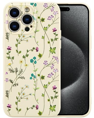 RALEAVO Flower Case for iPhone 15 Pro, Liquid Silicone Shockproof Protection Case Cover for Girls Women with Aesthetic Cute Floral Patterns Soft Slim Phone Case for iPhone 15 Pro 6.1-Beige