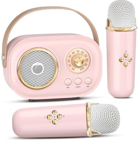 heetipuk Mini Machine à Karaoké pour Enfants et Adultes, Enceinte Bluetooth Portable avec 2 Microphones sans Fil, Cadeaux pour Filles de 3 à 8 Ans+, Anniversaire, Fête en Famille à La Maison-Rose