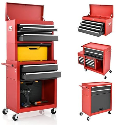 GOPLUS Servante d’Atelier avec Coffre Amovible, 33 x 62 x 132CM, Caisse à Outils Roulant avec 6 Tiroir Verrouillable & Armoire à Étagère avec 4 Crochet, pour Garage, Atelier, Charge 90kg(Noire+Rouge)
