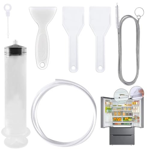 KOQAIIZ 7 Kit de Limpieza de Nevera, Reutilizable cepillo de Limpieza para Frigorífico, con Jeringa, Manguera, Pala de Descongelación, Tapones para Orificios de Drenaje