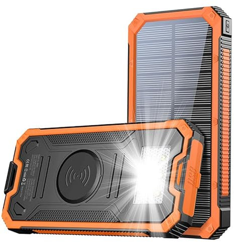 Solar Charger Power Bank, 20,000mAh Portable Wireless Charger with USB C Input/Output for Cell Phones, External Battery Pack with Dual Flashlight for Camping