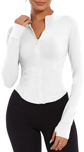 Yutdeng Giacca Sportiva Donna Traspirante Giacca da Corsa Maniche Lunghe Crop Top con Fori per i Pollici Slim Fit Elasticizzato Felpa con Cerniera Top per yoga Fitness Palestra Running,Bianco,XXL