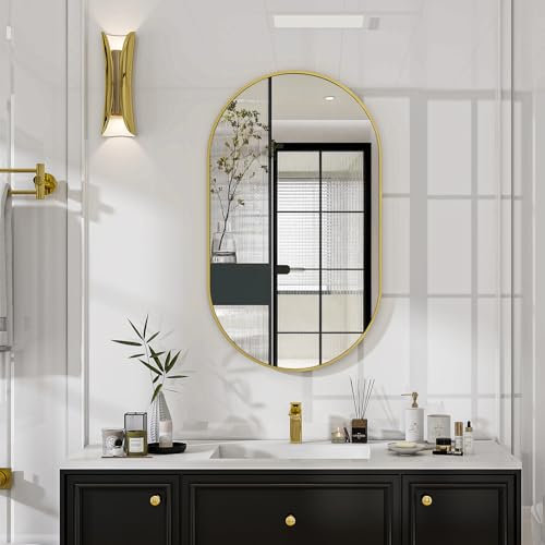 Koonmi Oval Badspiegel Gold, 43 x 76 cm Oval Wandspiegel aus gehärtetem Glas, Eitelkeitsspiegel ohne Verzerrung, horizontal oder vertikal hängend für Schlafzimmer, Eingangsbereich, Wohnzimmer