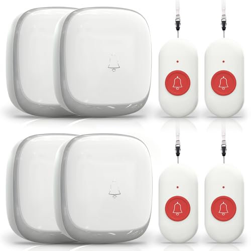 Wireless Caregiver Pager, Elderly Alarm Call Button Personal Panic Alarm for Elderly/Home/Patient/Disabled/Nurse 500+ft UK Plug(4 Receiver 4 Call Button)