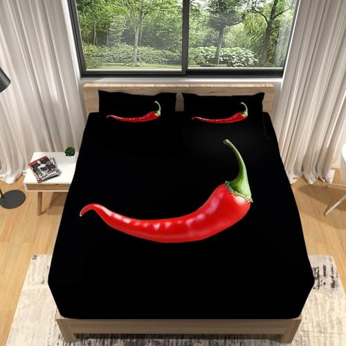 3D Spannbettlaken 140x200 Chili Bettlaken Weiches Atmungsaktiv Spannbetttücher Chili Mikrofaser Spannbetttuch Tiefe Tasche 30 cm Mit 2 Kissenbezügen 80x80 cm G2568