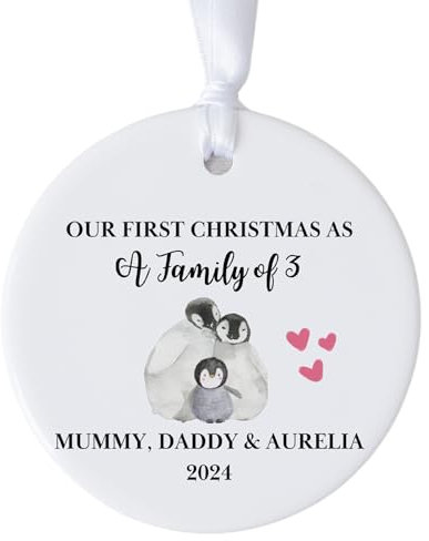 Personalised First Christmas Bauble for Family of 3, New Parents Keepsake, Baby's 1st Xmas Tree Decoration, Ceramic Hanging Ornament