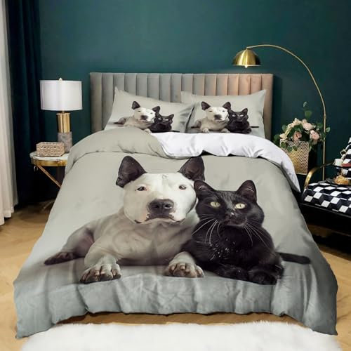 Bettwäsche 135x200 cm Tier Bullterrier-Katze Drucken Bettwäsche-Sets Weich Gemütlich Microfaser Bettbezug mit Reißverschluss und 2 Kissenbezug für Mädchen Junge Kinder