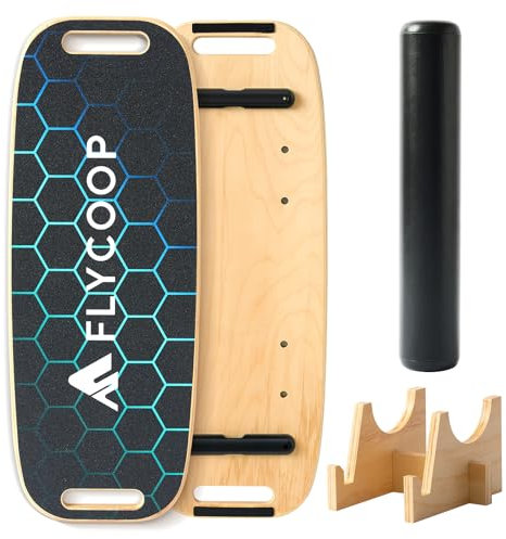 Balance Board, Flycoop Balance Board Erwachsene Balancierbrett Holz Indoorboard Surf Skateboard Indoor Surfboard Trickboard Gleichgewichtsboard inkl. Rolle, Halterung (Wabenbrikettform)
