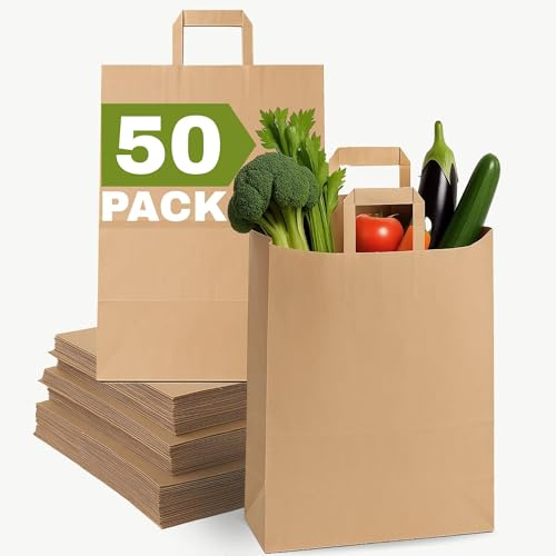 Qutuus 12x7x17 Brown Paper Grocery Bags with Handles, Large Brown Paper Bags with Handles Bulk, 50pcs Large Grocery Bag