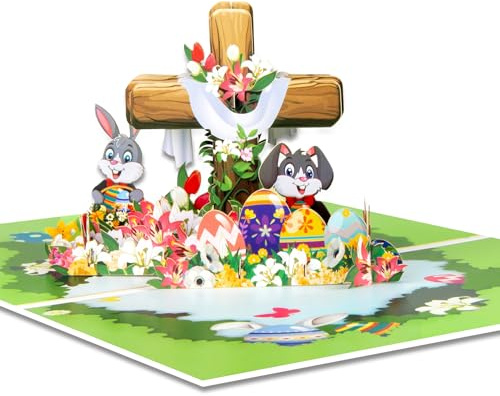 GREETING ART Pop Up Osterkarte, Osterkarten 3d, Osterhase mit Eiern, inspirierende Florale 3d Pop Up Grußkarte mit Heiligem Kreuz,Osterkarte mit Umschlag