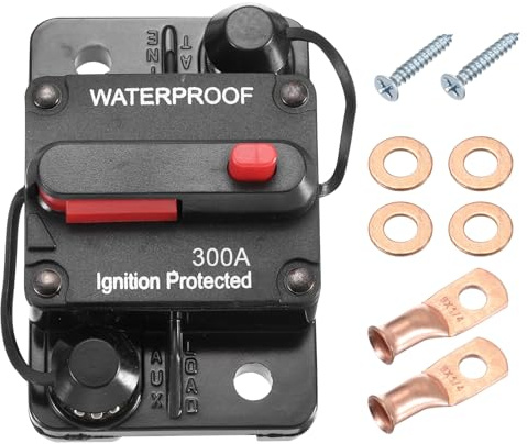 DMiotech 300A Circuit Breaker, 12-32V DC Automotive Inline Fuse Holders Inverter with Manual Reset Button Wire Lugs Washer Screws for Car Marine Boat Audio System Overload Protection