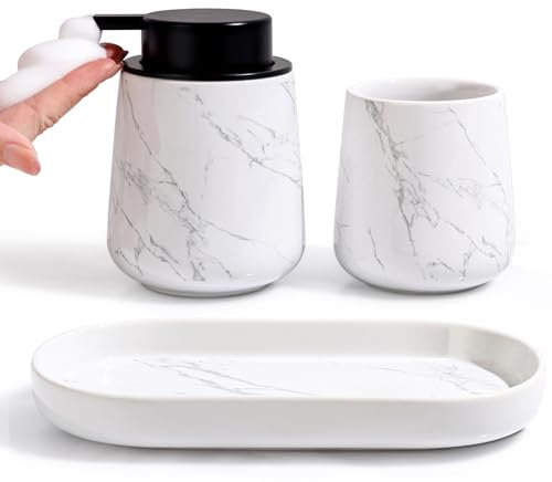 UMLACA Bathroom Accessories Set 3 pcs - Bathroom Ceramic Foaming Soap Dispenser Set Farmhouse White Bathroom Decor, Foam Soap Dispenser and Toothbrush Holder/Tumbler Cup, (Marbling Foam)