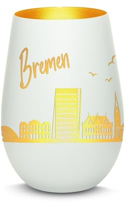 Gravur-Max Windlicht mit 360° Gravur Skyline Bremen Deko Glaslicht als tolles Geschenk mit Einer hochwertigen Lasergravur zu jedem Anlass in der Farbe Weiß/Gold