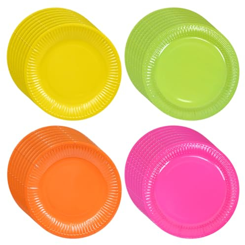 JIHUOO 40 Stück 17,8 cm große Neon-Pappteller, helle Farben, runde Geburtstags-Dessertteller, strapazierfähig, einfarbig, im Dunkeln leuchten, Partyzubehör, mehrfarbig