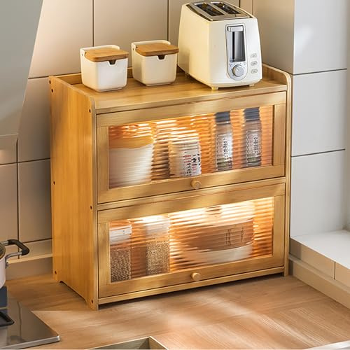 OLKKEFT 2-stöckiger Bambus-Küchenschrank, kleiner Bambus-Küchen-Vorratsschrank mit transparenter Tür, großes Fassungsvermögen, Arbeitsplatten-Organizer für Gewürze, Speisekammer-Essentials (Beige)