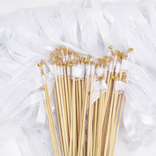 50 Stück Wedding Wands Wunderkerzen Hochzeit Sitzplan Spalier Hochzeit | Weiß Sitzplan Hochzeit Luftschlangen mit Groß Glöckchen und Hochzeitsbändern Zauberstäbe Seidenfeenstab für Hochzeiten