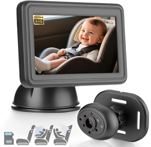 GEARMONSTER Bilkamera för bebisar HD 1080P, 4,3 tum bakåtkamera med bildskärm, 64 GB TF-kort, USB plug-and-play, bilspegelkamera mörkerseende bilspegel display tydlig sikt för baksätet | Mörkerseende, USB plug and play, baksätesövervakning, babysäkerhet, bilspegeldisplay, tydlig sikt, enkel montering