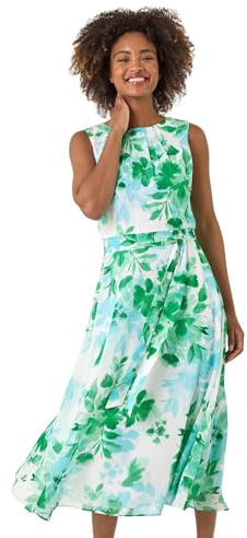 Roman Originals Floral Pleated Neck Midi Dress for Women UK - Ladies Everyday Holiday Spring Summer Round Neckline Comfy Soft Evening Vacation Work Party - Green - Size 14