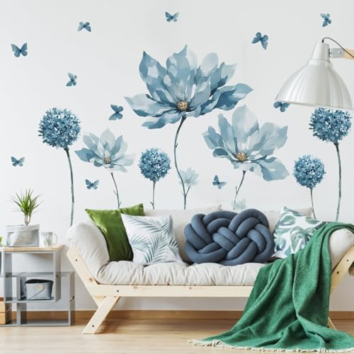 ANHUIB Blau Blumen Wandtattoo Großes Hellblauer Blumen Wandaufkleber Blume Schmetterling Wandsticker für Frauen Schlafzimmer Erwachsene Wohnzimmer Büros Mädchenzimmer Badezimmer Wanddekoration