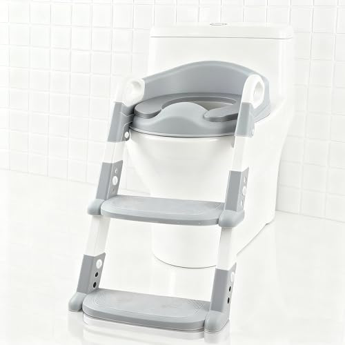 Kinder Toilettensitz mit Leiter, Faltbar, 6 Stufen Höhenverstellbar, PU Sitz Grau, Rutschfest