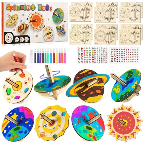 JoyJoyful 12 Stück Holz Bastelset für Kinder Geburtstag 4 5 6 7 8 9 10 Jahre, 3D Puzzle Kreisel zum Bemalen und Basteln, DIY Holzbastelsets Kreative Kinderspielzeug Bemalen Handwerk für Jungen Mädchen