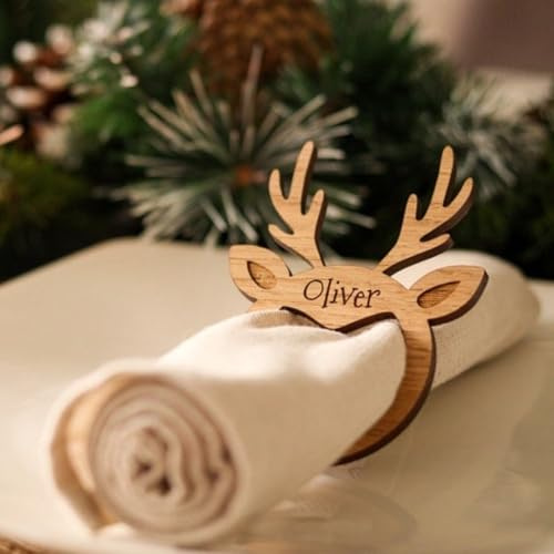 Personalisierbare Weihnachtsserviettenringe aus Holz, Rentier, graviert, Platznamenhalter, Tischdekoration, für Weihnachten, Urlaub, Hochzeit, Zuhause, Ornamente, Tischzubehör (8 Stück)
