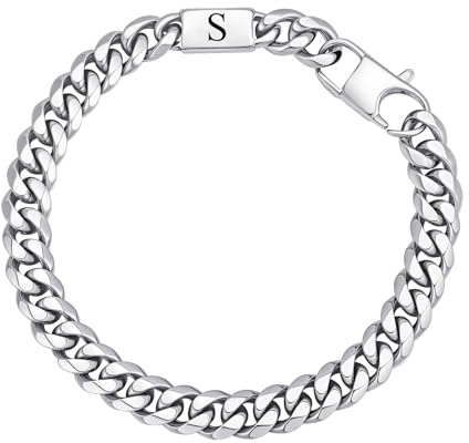 Herren Armband Edelstah Panzerkette mit Buchstaben - Silber Kubanische Armband mit A-Z Buchstabe Armbänder für Männer Junge Weihnachtsgeschenke Geburtstag Geschenk für Papa Sohn Enkel Bruder (S)