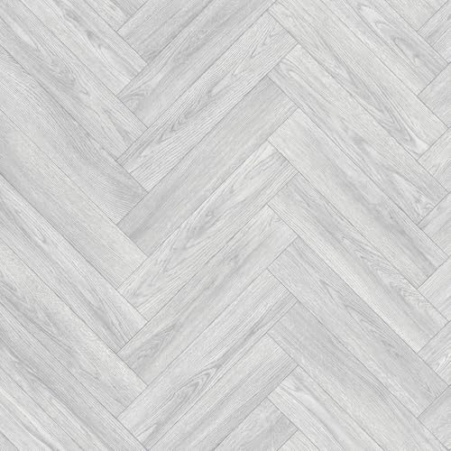 Vinyl Flooring Wood Oak Herringbone Design Foam Backed Vinyl Flooring Roll | Non-Slip Easy Clean Waterproof Lino Vinyl Floor | Living Dining Room, Lounge, Hallway Flooring (White, 3m x 8m)