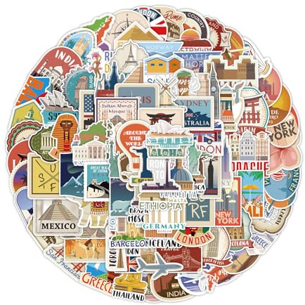 100 PCS Waterproof Travel Stickers for Adults Teens, Vintage Aesthetic Stickers for Suitcase, Luggage, Laptop, Geography Sticker, Water Bottle, Journal, Scrapbook, Skateboard (Style A)