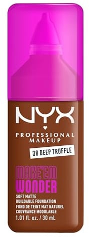 NYX Professional Makeup Make 'Em Wonder Foundation, 24H Soft Matte Aufbaubare Foundation, Mit hoher Deckkraft, Mattes Finish, 37 Deep Truffle