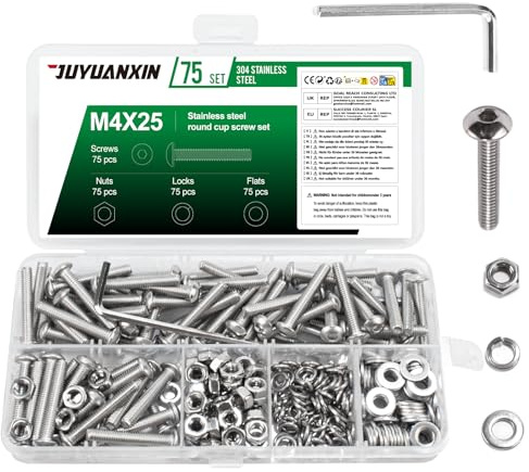 75 Set M4 x 25 mm Schrauben Set, Linsenkopfschrauben Muttern Set, Edelstahl Rundkopf Innensechskantschrauben mit Muttern Sets, Maschinenschrauben Gewindeschrauben Sets und Unterlegscheiben